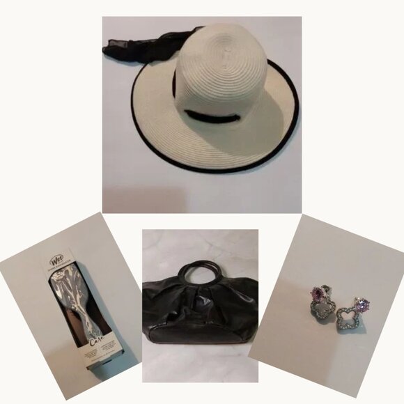 Cream Black Hat, Black Purse, Silver Purple Earrings, Wet Hair Brush - Picture 1 of 16